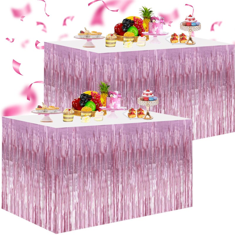 BEISHIDA 2 Packs Metallic Foil Fringe Table Skirt Pink Tinsel Table Skirt Garland for Rectangle Tables Hotel Floats Mardi Gras Holiday Birthday Wedding New Year Party Decoration (108 X 29 inch) - Image 1